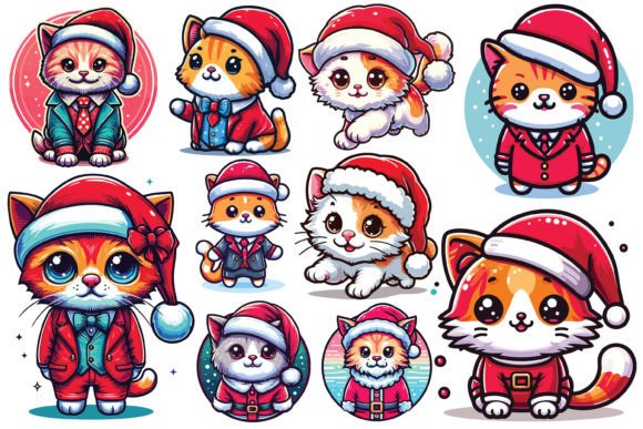 10 X Cat Wearing Christmas Hat Bundle: Premium Illustrations