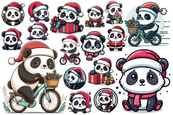 17 X Panda Wearing Christmas Hat Bundle: Festive Illustrations for Crafters