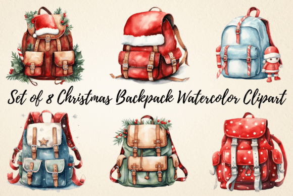 Christmas Backpack Watercolor Clipart for Modern Illustrations