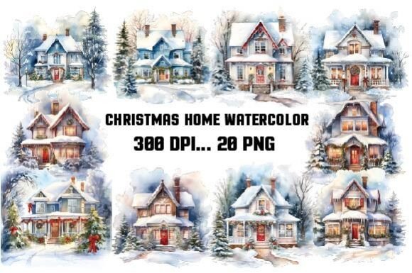 Christmas Home Watercolor Clipart for Seasonal Illustrations