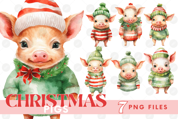 Christmas Pig Clipart Bundle Farm PNG for Illustrations
