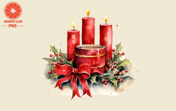 Christmas Red Candles Watercolor for Modern Illustrations