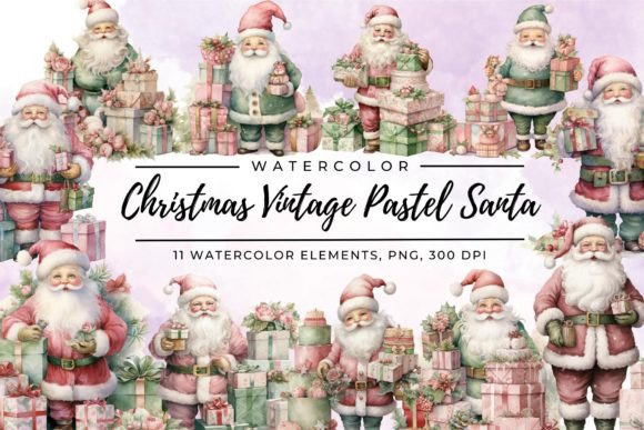 Christmas Vintage Pastel Santa Clipart for Illustrations