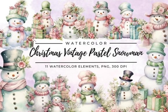 Christmas Vintage Pastel Snowman Clipart for Illustrations