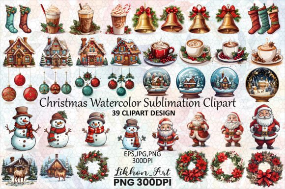 Christmas Watercolor Sublimation Clipart for Illustrations