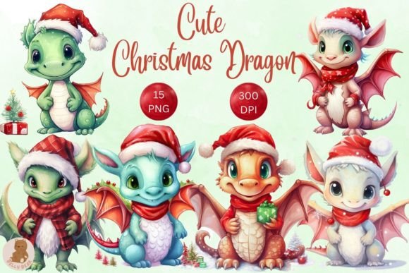 Cute Christmas Dragon Watercolor Bundle for Illustrations