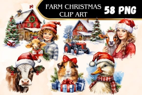 Farm Christmas Watercolor Clipart for Illustrations