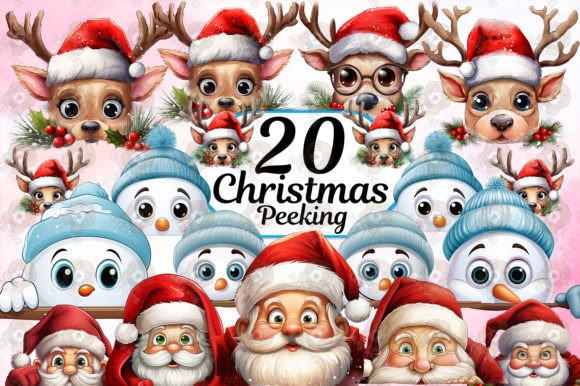 Funny Christmas Peeking Clipart PNG Bundle for Illustrations