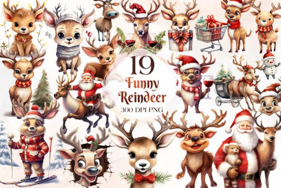 Funny Christmas Reindeer Clipart Bundle for Illustrations