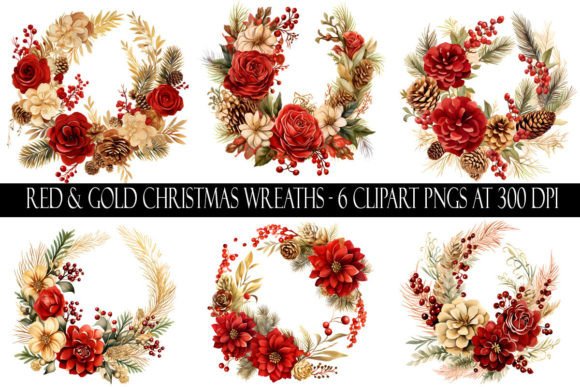 Red and Gold Christmas Wreath Clipart for Illustrations