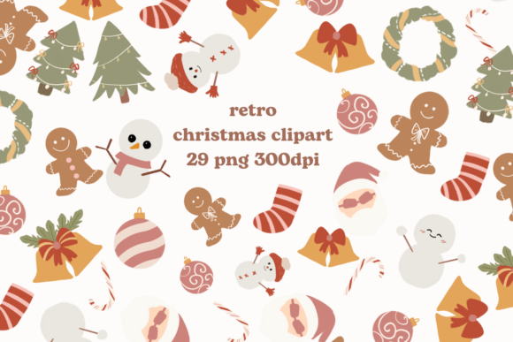 Retro Christmas Clipart Bundle PNG for Illustrations
