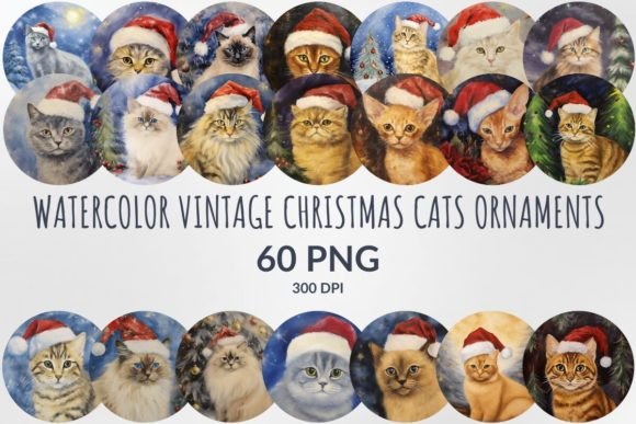 Vintage Christmas Cats Ornaments Bundle for Illustrations