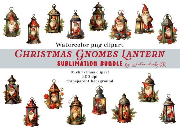 Vintage Christmas Gnomes Lantern Bundle for Brand Illustrations