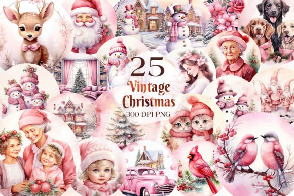 Vintage Pink Christmas Ornaments Clipart & Illustrations