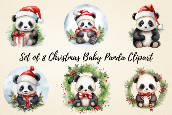 Watercolor Christmas Baby Panda Clipart for Seasonal Illustrations