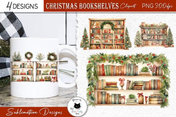 Watercolor Christmas Bookshelf Clipart for Modern Illustrations