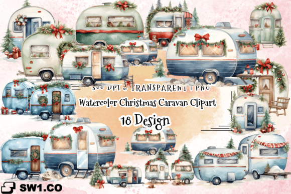 Watercolor Christmas Caravan Clipart PNG for Creative Illustrations