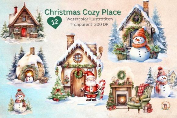 Watercolor Christmas Cozy Place Clipart for Illustrations