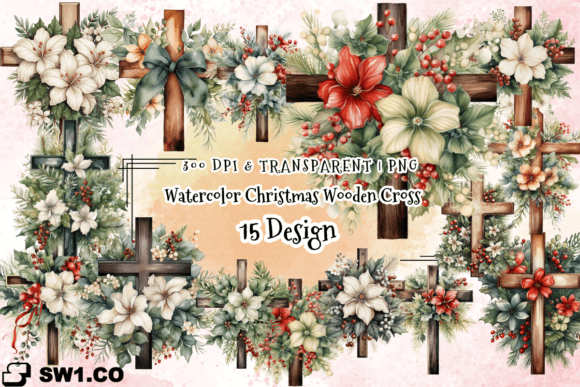 Watercolor Christmas Wooden Cross PNG for Illustrations