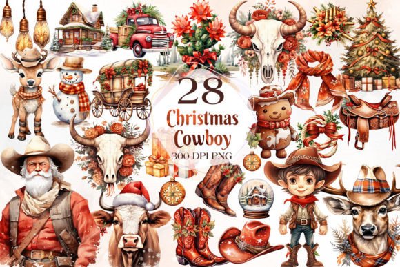 Watercolor Cowboy Christmas Clipart for Illustrations
