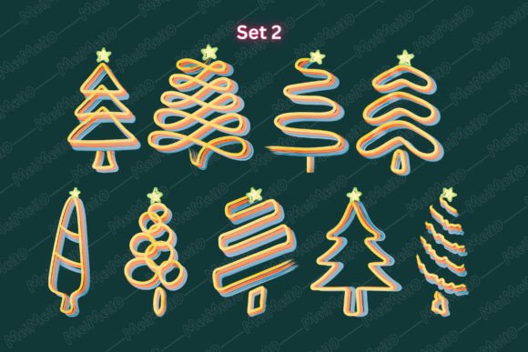 Watercolor Doodle Line Christmas Trees for Illustrations