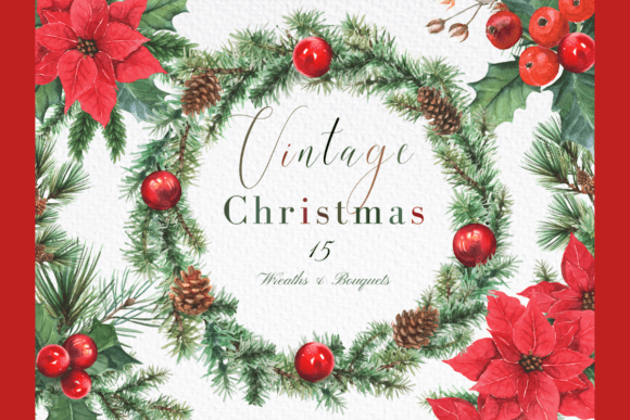 Watercolor Vintage Christmas Clipart Set for Branding